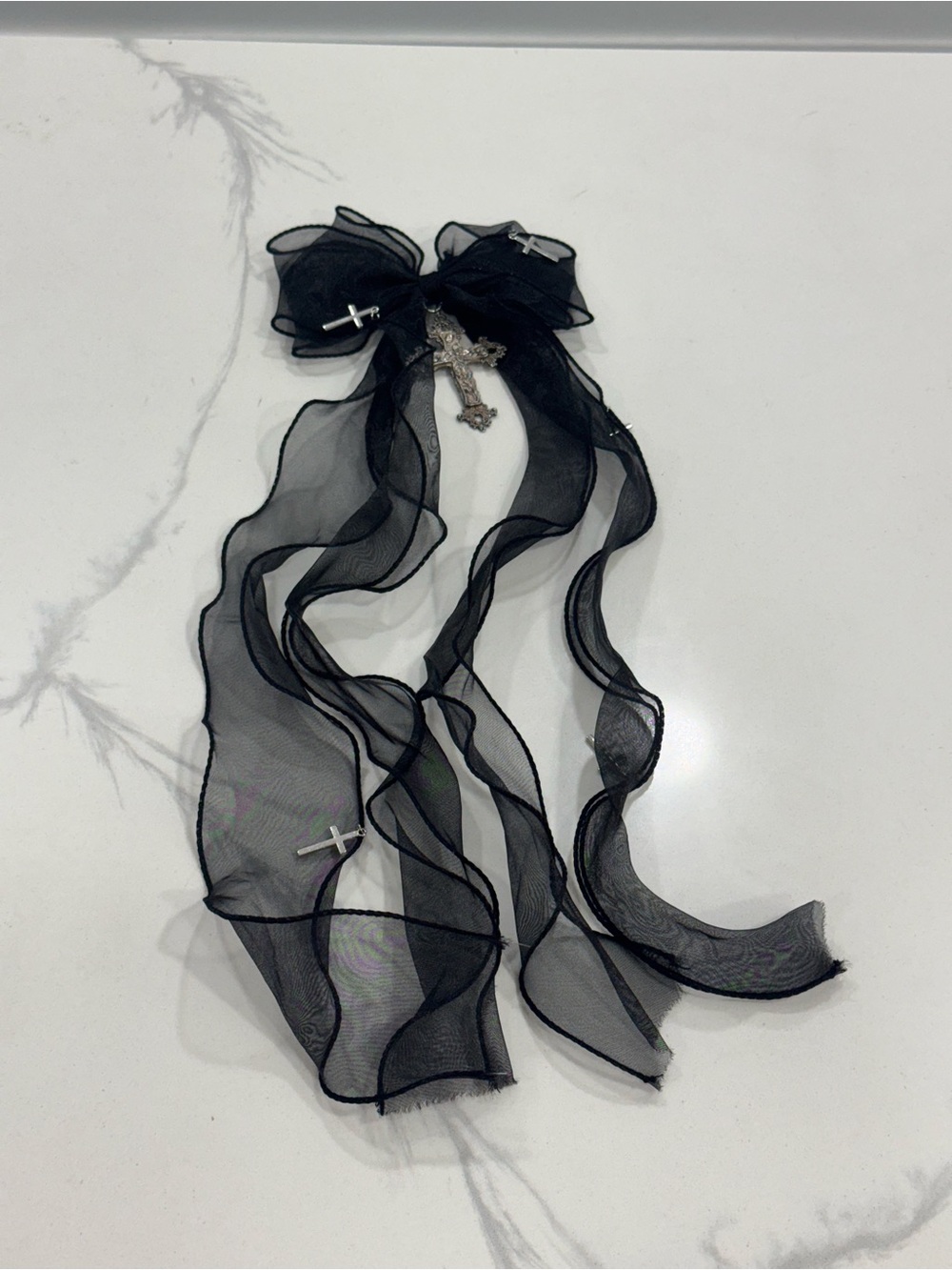 Black Sheer Ribbon Hair Bow with Silver Cross Charms